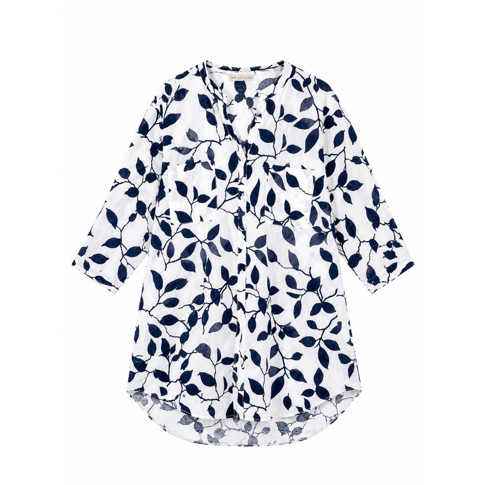 New Collection Womens Blue White Leaf Print Cotton Shirt Dress Tunic Italy 1X